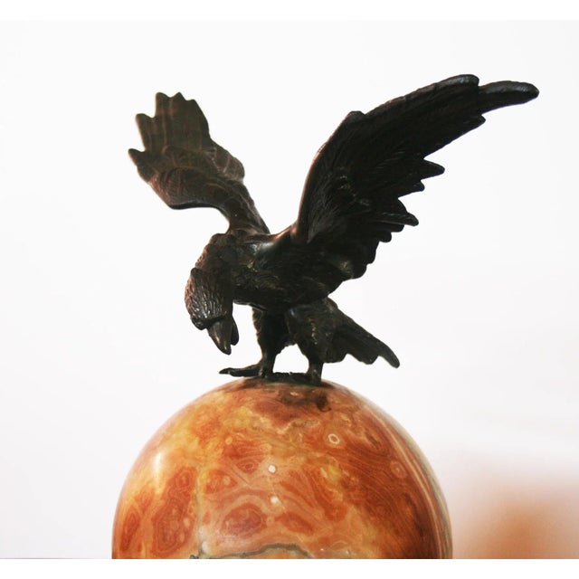 Round Full Moon Shape Alabaster Table Lamp with Bronze Eagle, 1920s For Sale - Image 3 of 14