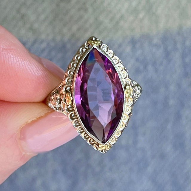 Metal 1920s Antique 18k Gold Filigree Marquise Amethyst Ring, Size 7 For Sale - Image 7 of 10