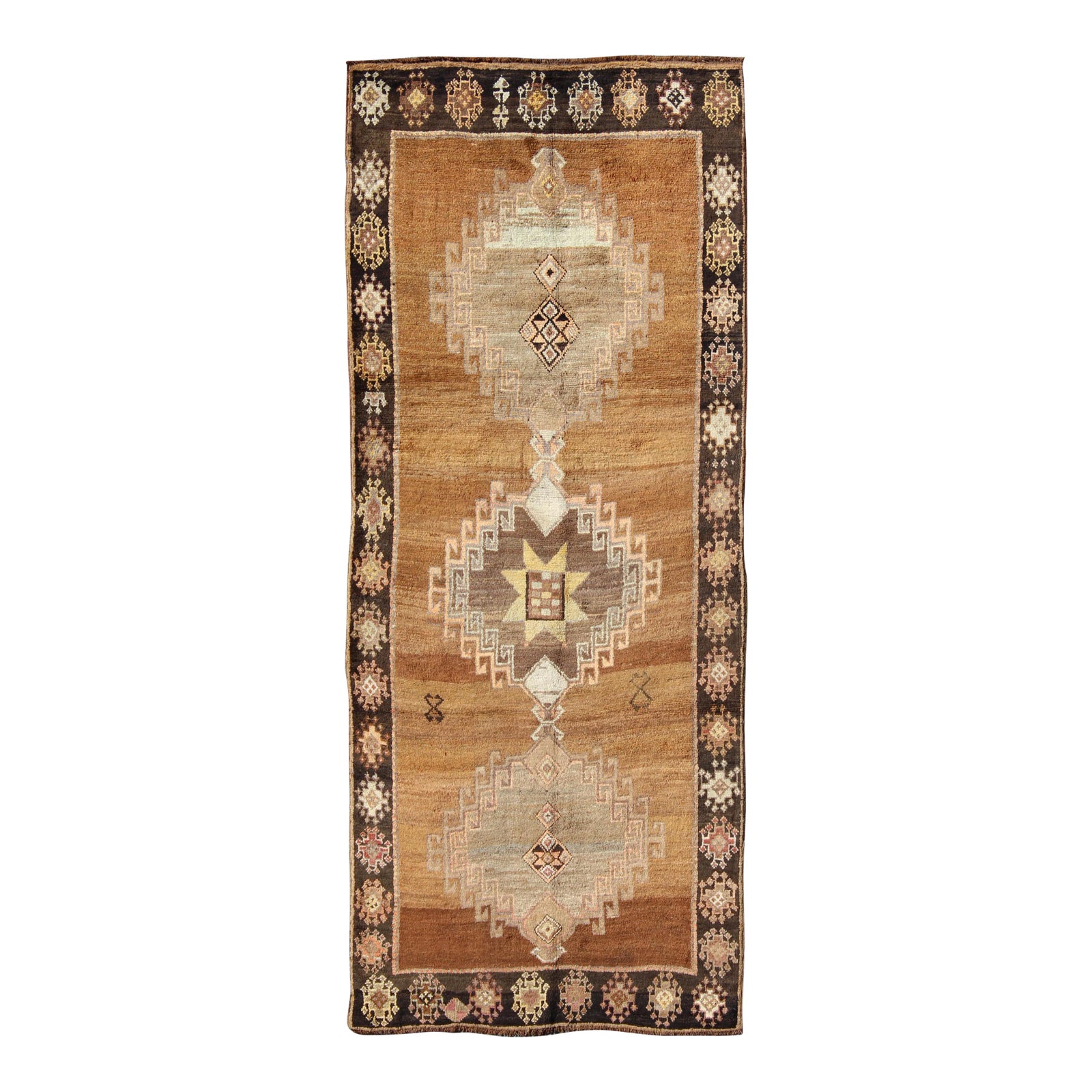 Vintage Turkish Kars Rug in Brown Colors, Tan, Taupe and Light Green ...