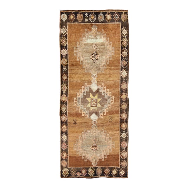 Vintage Turkish Kars Rug in Brown Colors, Tan, Taupe and Light Green For Sale
