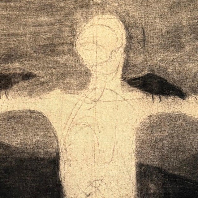 1980s Pair of Haunting Postmodern Charcoal Skeletal Figures Diptych Paintings For Sale - Image 10 of 13