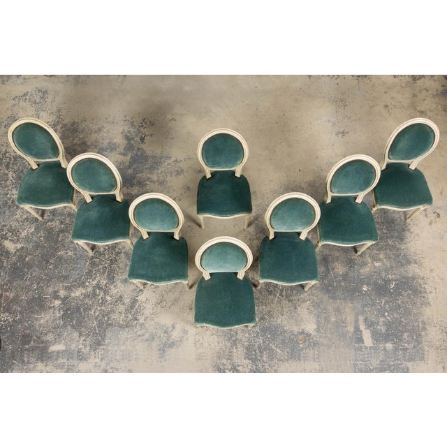 French Antique French Louis XVI Style Painted Dining Chairs in Teal Mohair - Set of 8 For Sale - Image 3 of 18