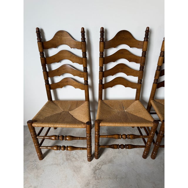 French Country Vintage French Country Style Tall Ladder Back Rush Seat Dining Chairs – Set of 4 For Sale - Image 3 of 18