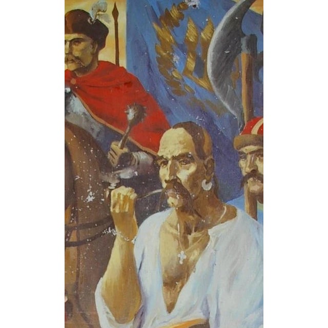 Campaign Ukrainian Cossacks Painting, Antique Soviet Art, 1970s Oil on Canvas (130-80) For Sale - Image 3 of 6