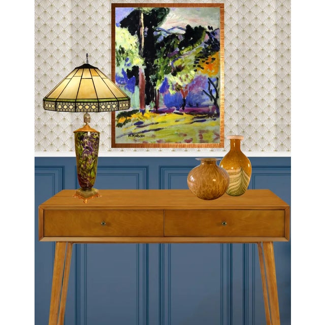 Metal Vintage Art Glass and Agate Stone Purple Green Abstract Pattern Table Lamp- For Sale - Image 7 of 12