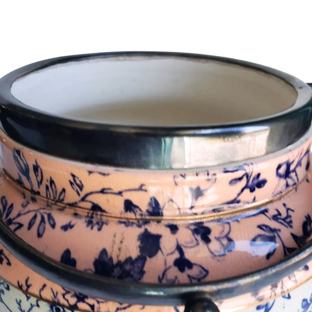 Metal Antique English Flow Blue Jar | Vintage Biscuit Barrel Vase With Peach & Gilt For Sale - Image 7 of 10