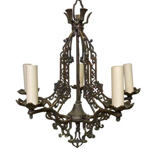 Restored Arts & Crafts Gothic 5 Arm Bronze Chandelier For Sale