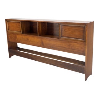 American Mid-Century Modern Walnut King Size Sliding Door Compartments Headboard For Sale