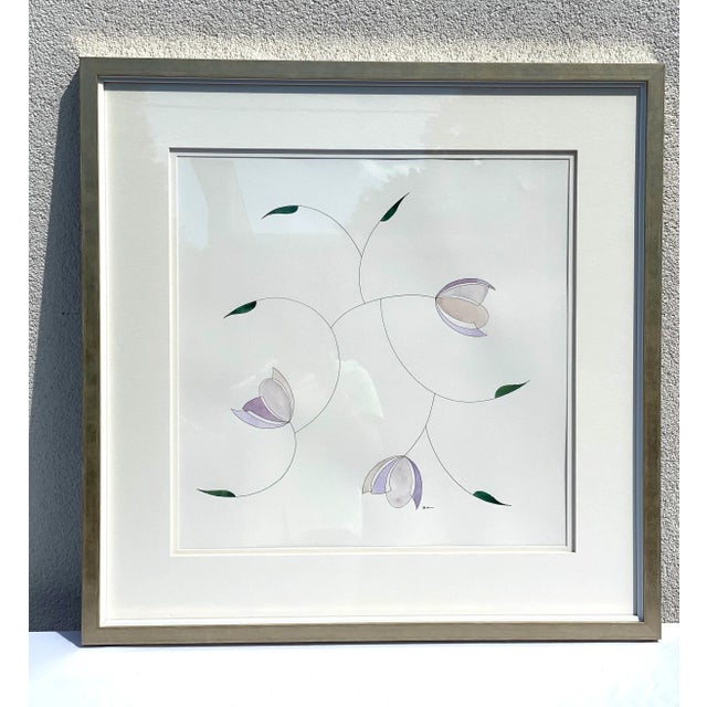 Pink "Blossoms" Contemporary Original Watercolor Painting on Paper, Framed For Sale - Image 8 of 8