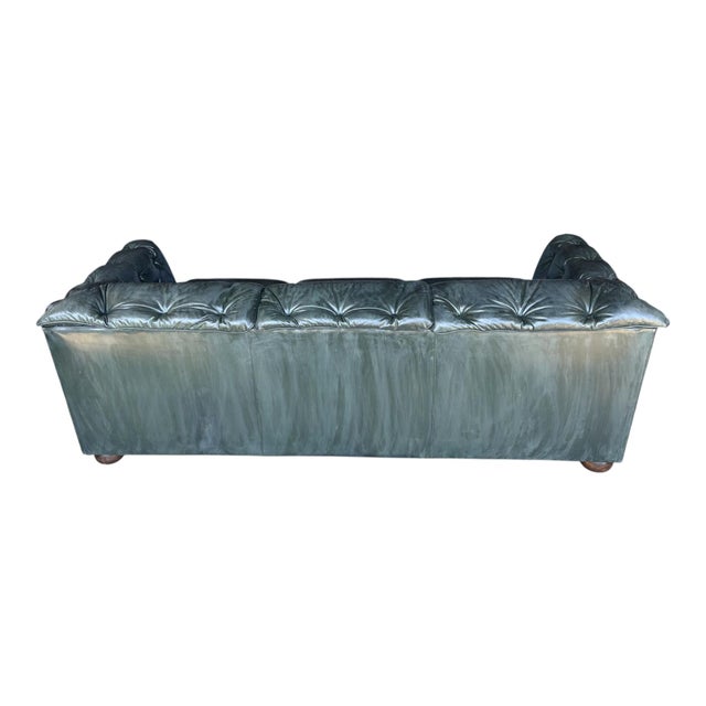 Vintage Dark Green Leather English Club Sofa With Tufted Back & Rich Patina For Sale - Image 10 of 10