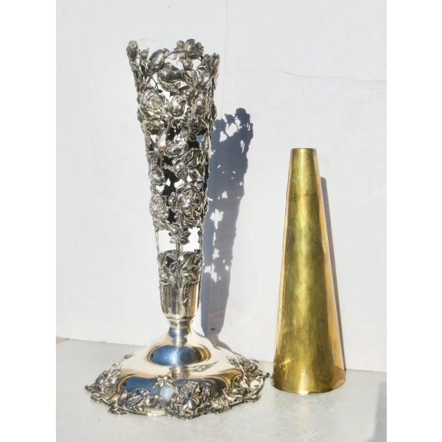 Sterling silver repousse vase with brass inner liner. Belle Epoque design. Cabbage roses on long stems. Hallmarked to the...