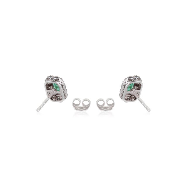 Green Estate Natural Octagon Emerald & Diamond Halo Earrings in 14k White Gold- 2 Pieces For Sale - Image 8 of 13