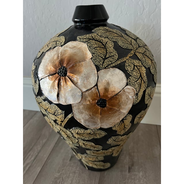 Late 20th Century Decorative Meiping Black Vase Applied Leaf and Flower Relief For Sale - Image 5 of 5