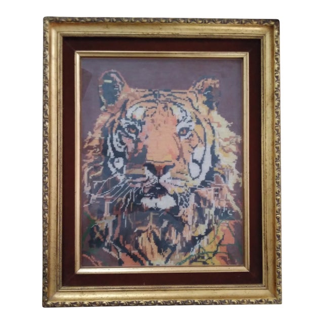 1970s Framed Tiger Needlepoint For Sale