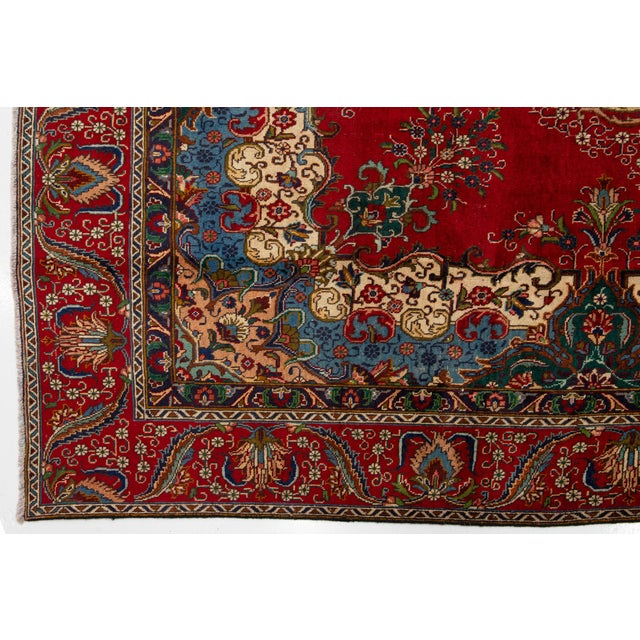 This Vintage Handmade Persian Tabriz Wool Rug in a Rich Red With a Rosette Motif For Sale - Image 9 of 10