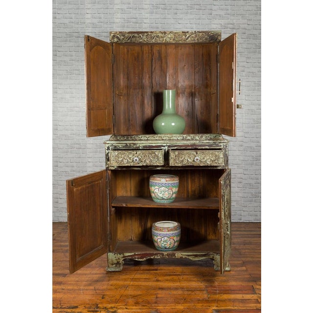 Indian Rustic Painted Wood Cabinet with Carved Foliage & Distressed Patina For Sale - Image 4 of 12