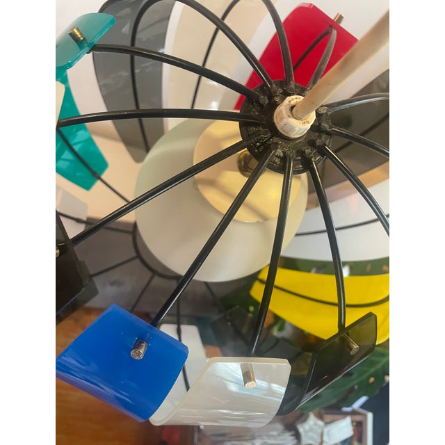 1950s Colorful Lightolier Round Metal and Ribbed Lucite Pendant Lamps - Set of 2 For Sale - Image 9 of 12
