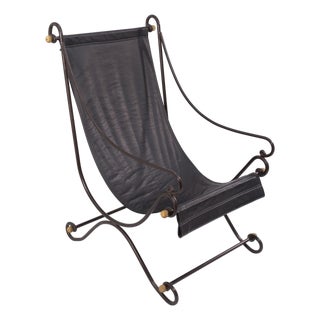 David Hicks Campache Style Wrought Iron and Leather Sling Back Chair For Sale