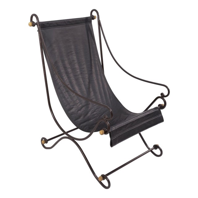 David Hicks Campache Style Wrought Iron and Leather Sling Back Chair For Sale