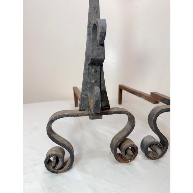 Gothic Rare Antique 19th Century Hand Wrought Iron Fireplace Firedogs Black Andirons For Sale - Image 3 of 13