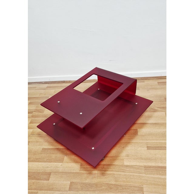 Italian Coffee Table in Burgundy Acrylic Glass and Chrome Wheels, 1990s For Sale - Image 9 of 14