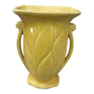 Vintage Signed McCoy Incised 8.25” Yellow Art Pottery Vase For Sale