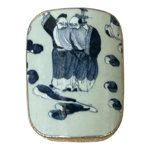 Chinese Old White Base Blue OldMan Graphic Porcelain Art Pewter Box