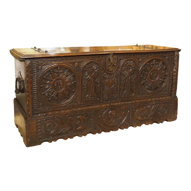 Large and Richly Carved 17th Century Walnut and Oak Trunk From Spain For Sale