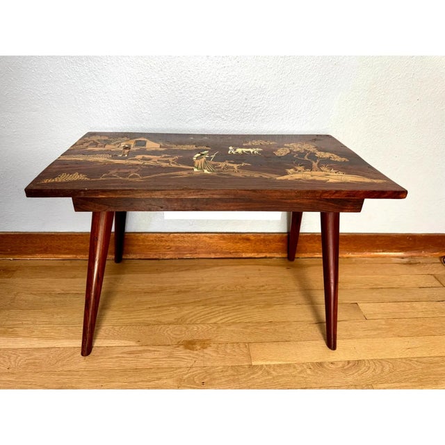 1950's Indian Rosewood & Bone Inlay Coffee Table Bench Removable Legs Serving Tray For Sale - Image 4 of 17