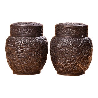 Pair of Antique Silver-Plated Tea Caddies With Dragon and Phoenix, 1060g Total For Sale