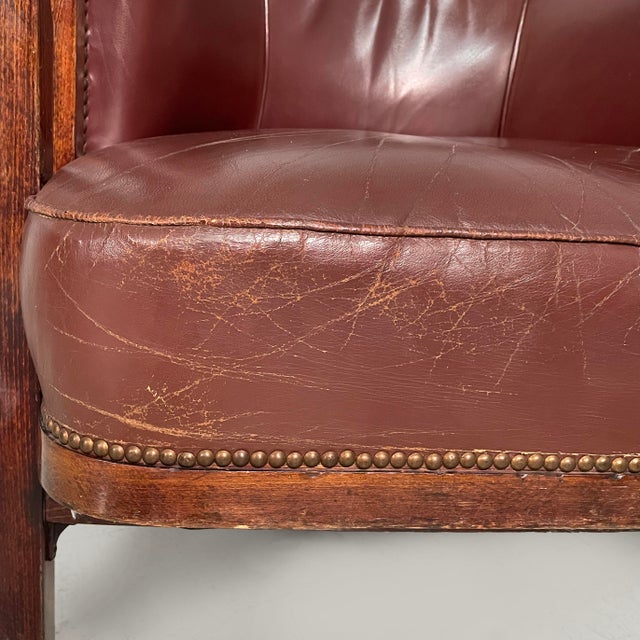 Austrian Burgundy Leather and Wood Tub Armchairs from Thonet, Early 1900s, Set of 2 For Sale - Image 13 of 18