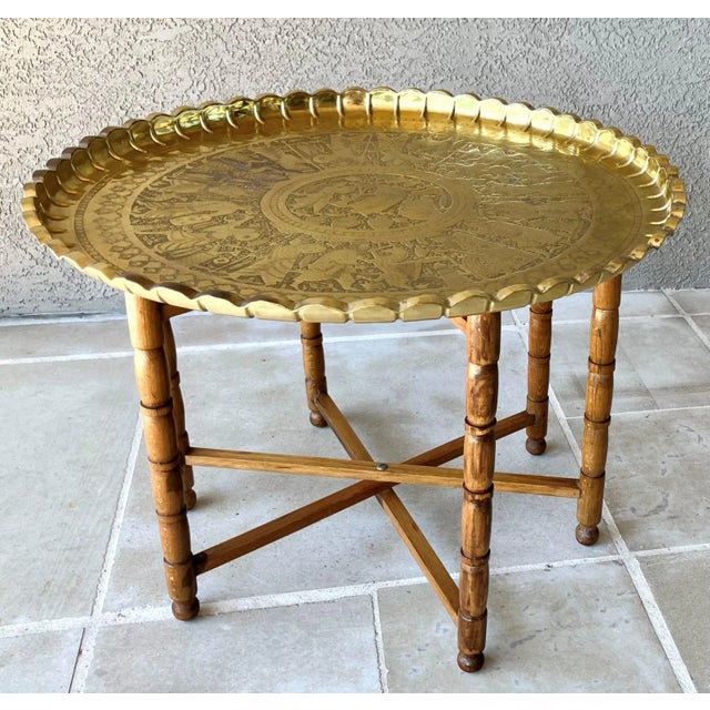Mid 20th-Century Persian Qajar-Inspired Design Brass Chased & Repoussé Charger Tray Top Accent or Coffee Table For Sale In Austin - Image 6 of 17