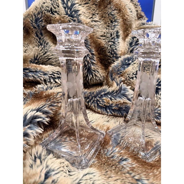 Vintage Clear Candlesticks With Etched Flowers - A Pair For Sale - Image 10 of 11