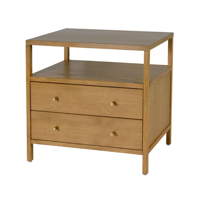 Mid-Century Modern Mendel 28 in. W Rectangular Wood 2 Drawer Wide Nightstand with Open Shelf, Light Oak For Sale - Image 3 of 11