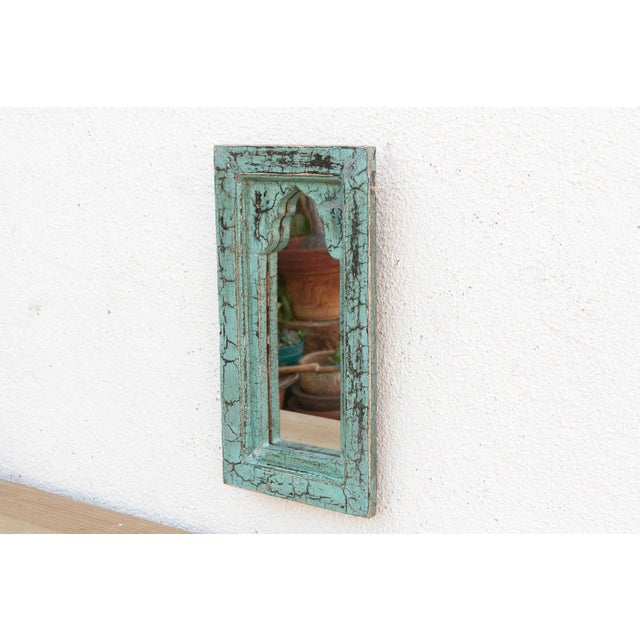 Wood Crackle Aqua Indian Arched Mirror For Sale - Image 7 of 8