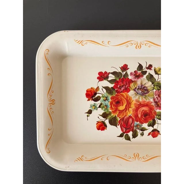 Vintage Victorian Floral Red Roses & Ivory Toleware Tray or Coaster For Sale - Image 10 of 12