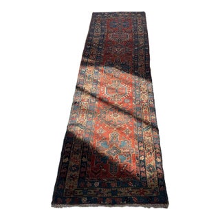 Antique Northwest Persian Heriz Runner Rust, Camel, French Blue Rug 3.4 x 10.6 For Sale