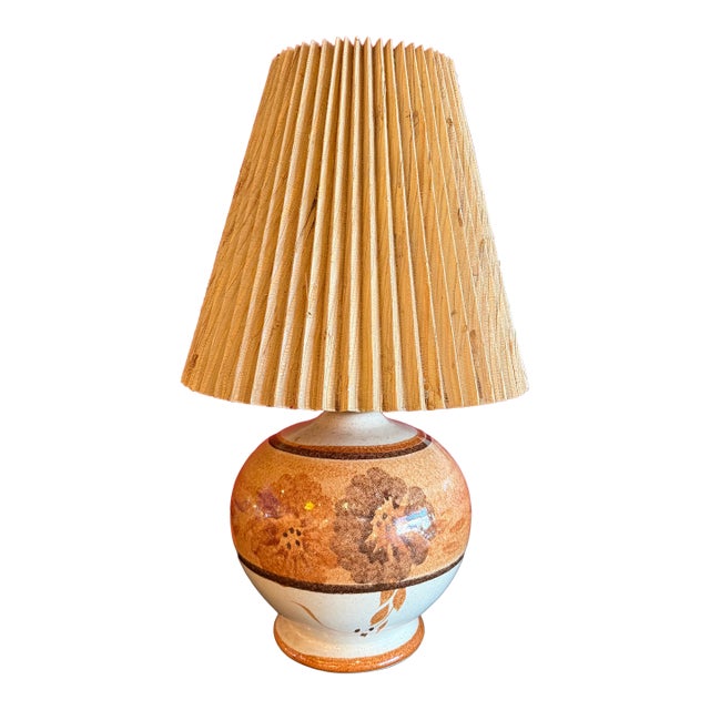1970's Boho Chic Floral Ceramic Lamp With Original Shade For Sale