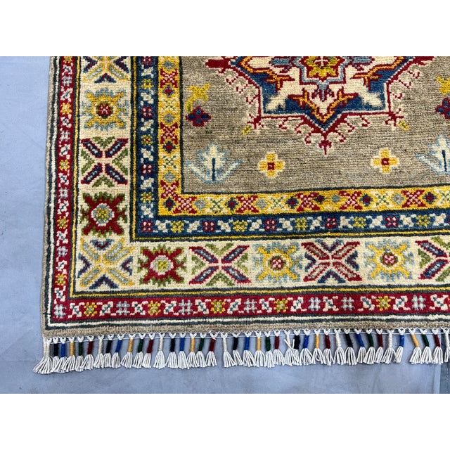 Extra-Long Olive Gold Kazak-Style Wool Runner Rug With Geometric Medallions, 2'7" X 14'8" For Sale - Image 14 of 18