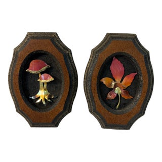 Vintage Mid Century Brutalist Metal Sculpture Mushroom and Leaves Wall Plaques - A Pair For Sale