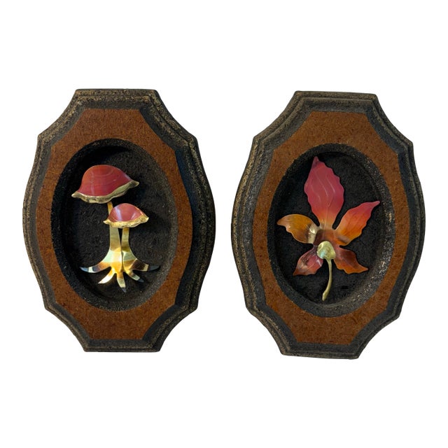Vintage Mid Century Brutalist Metal Sculpture Mushroom and Leaves Wall Plaques - A Pair For Sale