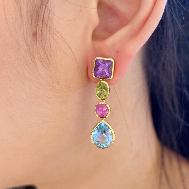 Bochic “Orient” Vintage Amethyst, Peridot, Ruby & Topaz Earrings Set 18K Gold For Sale - Image 4 of 11