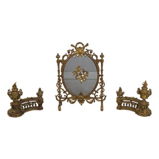 Vintage Louis XVI 19th Century Fire Screen Fireplace Andiron Set For Sale