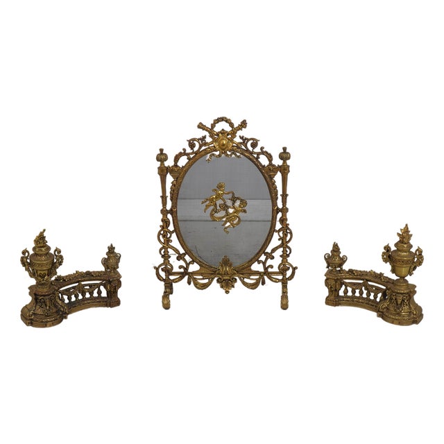 Vintage Louis XVI 19th Century Fire Screen Fireplace Andiron Set For Sale