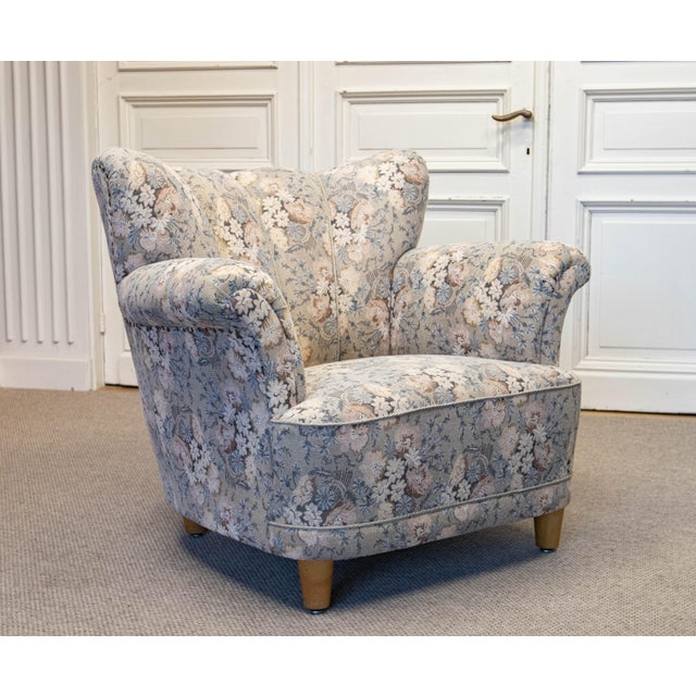Vintage Danish Wingback Chair with Jacquard Fabric, 1940s For Sale - Image 15 of 15
