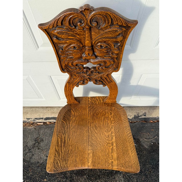Brown Late 19th Century Green Man North Wind Black Forest Style Hand Carved Quarter Sawn Oak Chair For Sale - Image 8 of 10