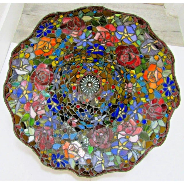Vintage Tiffany Style Stained Glass Roses Poppies Cabochons Bell Lampshade For Sale - Image 10 of 18