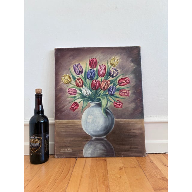 Pink Vintage Original Flower Oil Painting, Floral Still Life Wall Art For Sale - Image 8 of 11