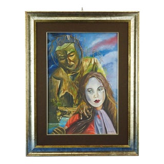 Francesco Massarutto, Little Girl Made Up by Pierrot and a Faun, 20th Century, Oil Painting on Canvas, Framed For Sale