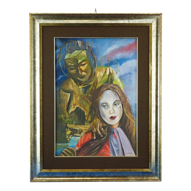 Francesco Massarutto, Little Girl Made Up by Pierrot and a Faun, 20th Century, Oil Painting on Canvas, Framed For Sale